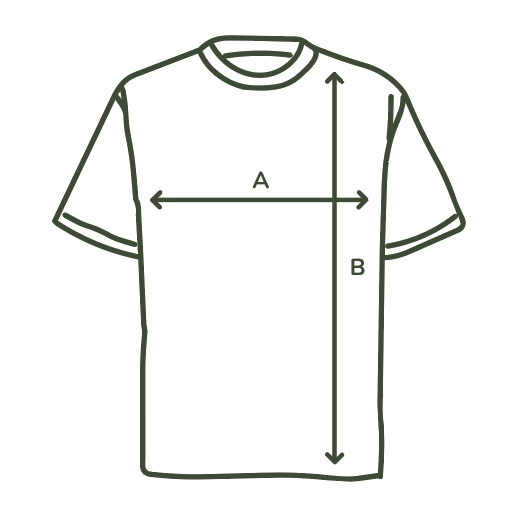 T-shirt measurement diagram showing A for chest width and B for body length